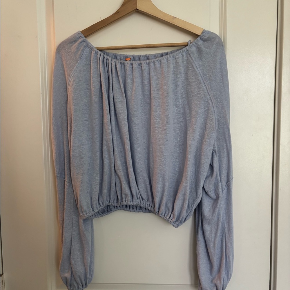 Free People Light Blue Ruched Crop Blouse